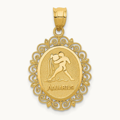 Solid Satin Polished Aquarius Zodiac Oval Pendant, 14K