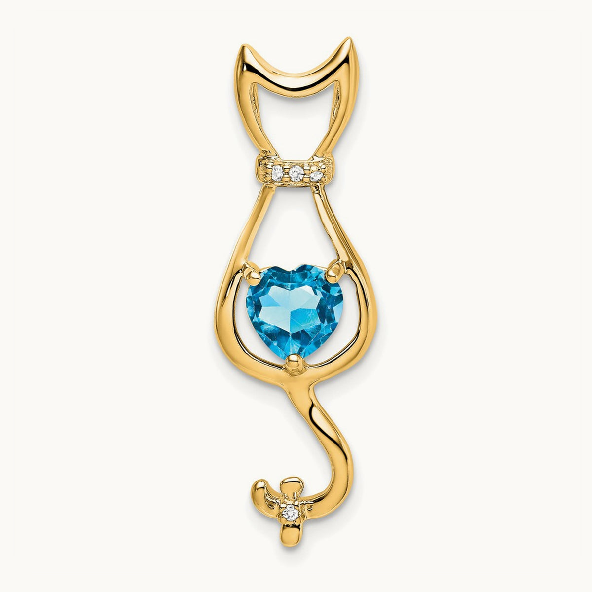 Blue Topaz and Diamond Cat Pendant — 14K Yellow Gold