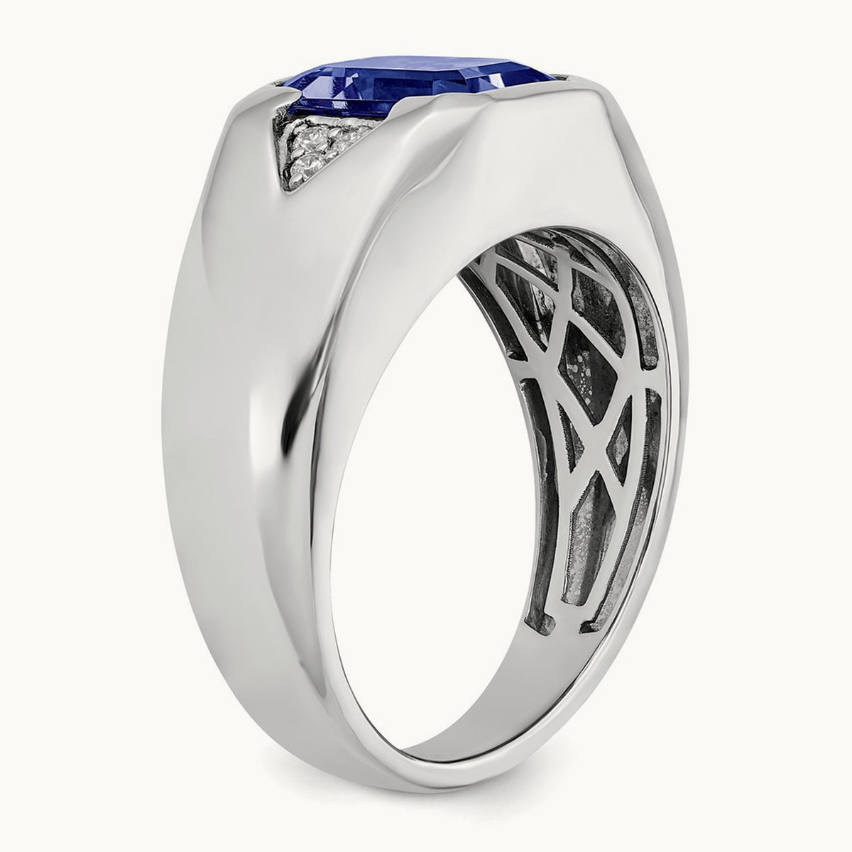 Emerald-cut Created Sapphire and Lab-Grown Diamond Men's Ring — 14K White Gold