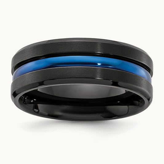 Black Titanium Brushed w/Polished Blue IP-plated Center Band, 8mm