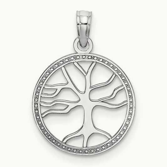 Small Tree of Life In Round Frame Charm, 14K White Gold