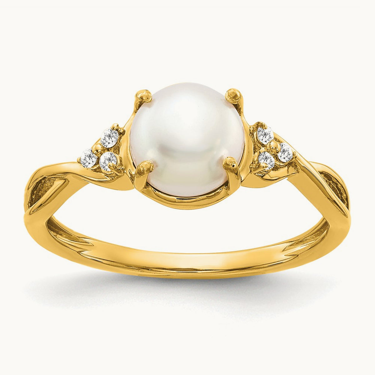 Freshwater Cultured Pearl and Diamond Ring — 14K Yellow Gold, 7