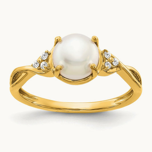 Freshwater Cultured Pearl and Diamond Ring — 14K Yellow Gold, 7