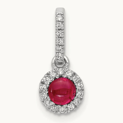Diamond and Cabochon Ruby Halo Pendant, 14K White Gold