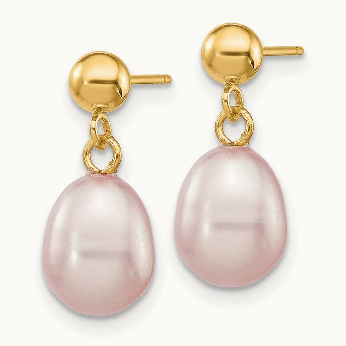 7- Purple Rice Freshwater Cultured Pearl Post Dangle Earrings, 8mm, 14K