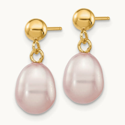 7- Purple Rice Freshwater Cultured Pearl Post Dangle Earrings, 8mm, 14K