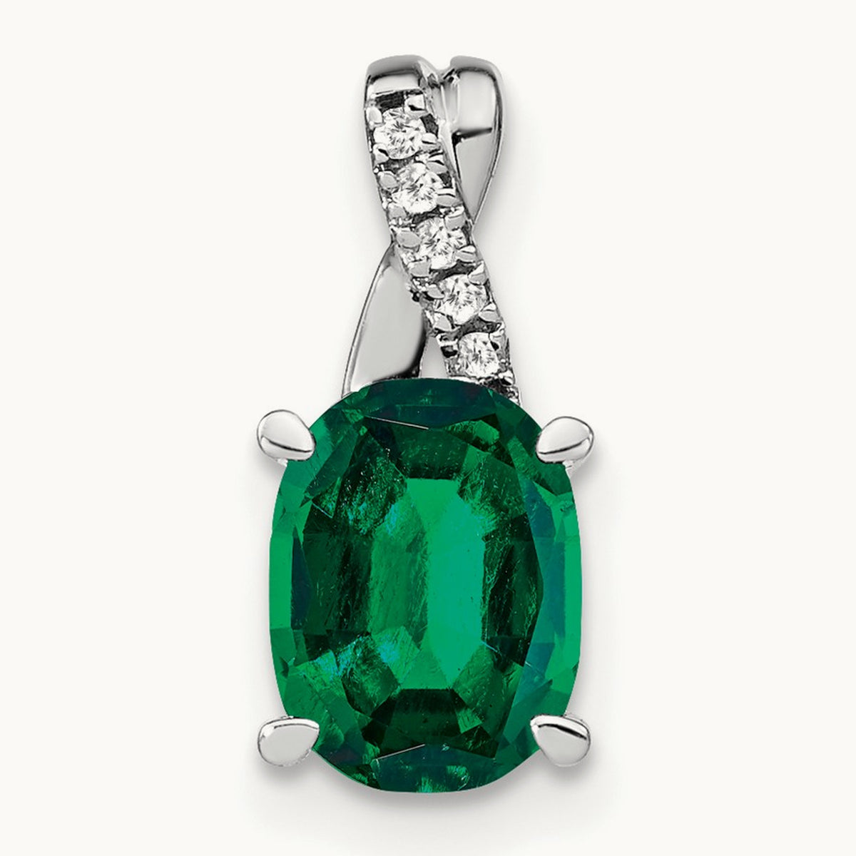 Oval Created Emerald and Diamond Pendant, 14K White Gold