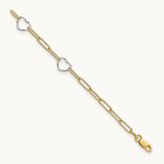 Paperclip Link Heart 9in Plus 1in ext. Anklet, 14K Two-tone
