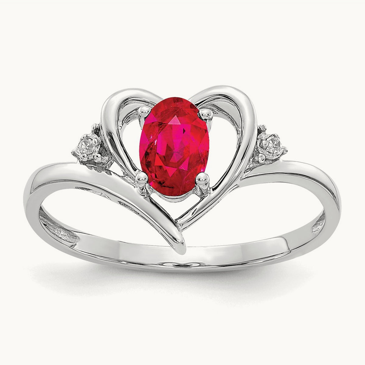Ruby and Diamond Heart Ring — 14K White Gold, 7