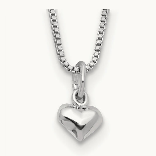 14 Inch Puffed Heart Necklace w/Pink Gift Pouch, Sterling Silver