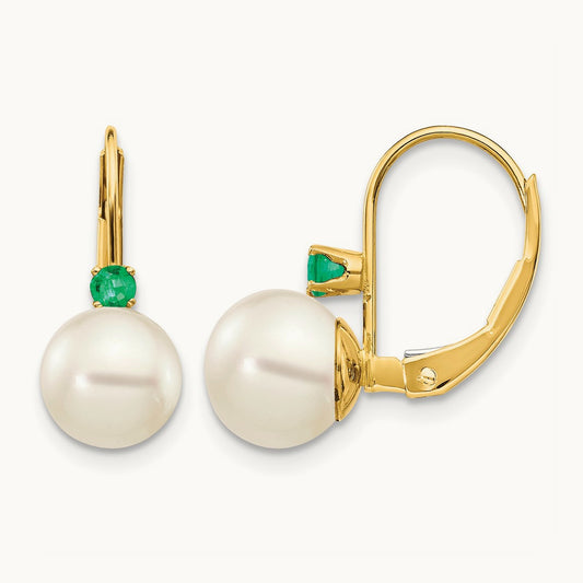 7- White Round FW Cultured Pearl Emerald Leverback Earrings, 7.5mm, 14K