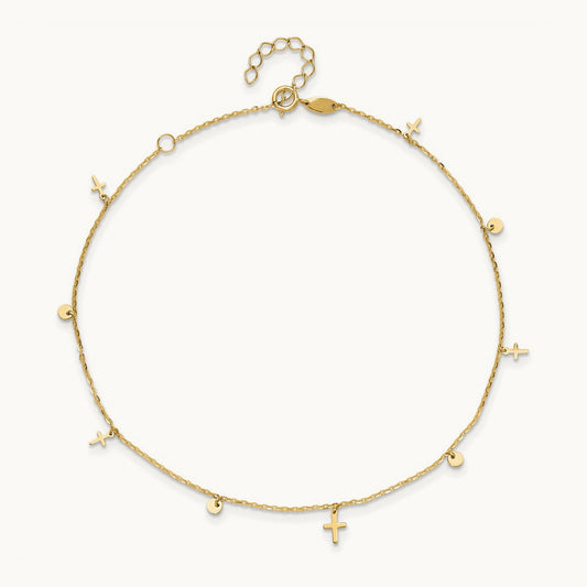 Polished Crosses 9in Plus 2in ext. Anklet, 14K