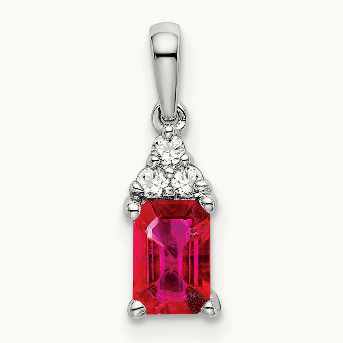 Emerald-shape Ruby and Diamond Pendant — 14K White Gold, 16.9mm