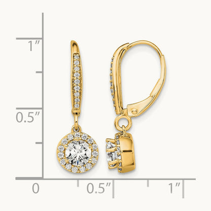 Round Halo Drop Leverback Earrings, 1.00 ct tw Lab-Grown Diamond — 14K Yellow Gold