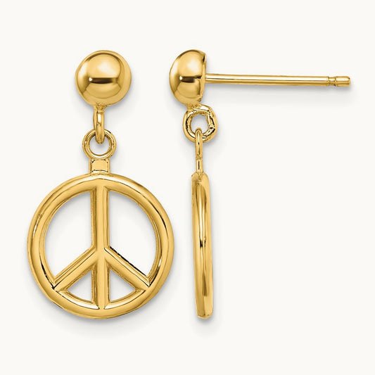 3-D Polished Peace Symbol Dangle Earrings, 14K