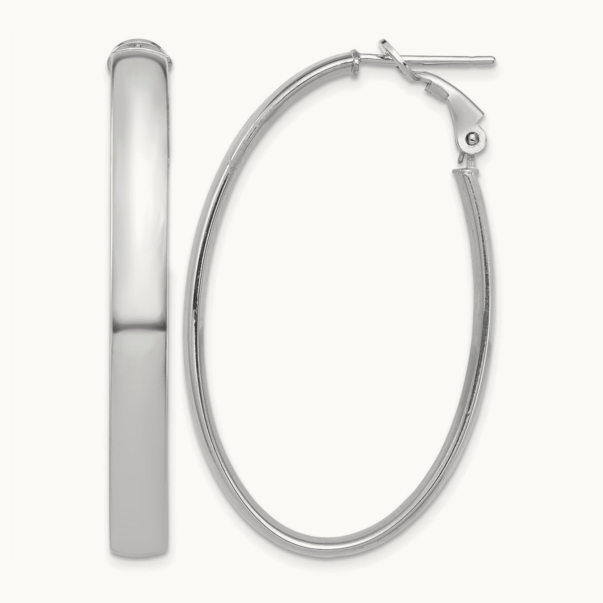 High Polished Omega Back Oval Hoop Earrings — 14K White Gold