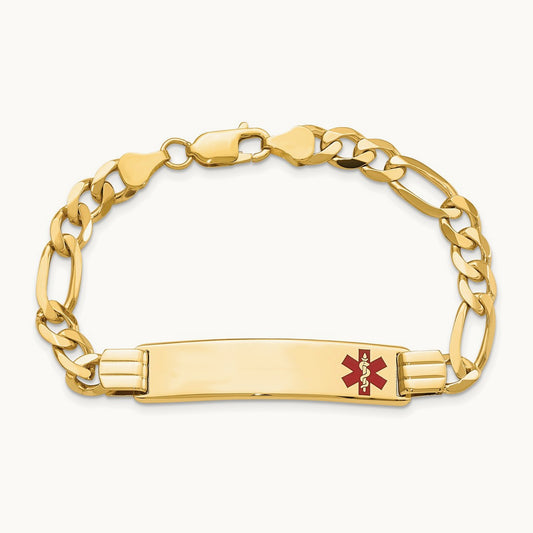 Medical Red Enamel Flat Figaro Link ID Bracelet, 14K