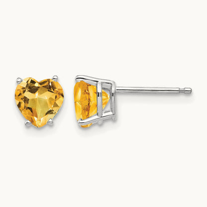 Citrine Heart Stud Earrings, 14K White Gold