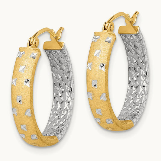 w/White Rhodium Satin Polished Diamond-cut In/Out Hoop Earrings, 14K