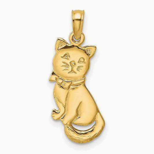 3-D Polished and Bow Sitting Cat Charm, 14K