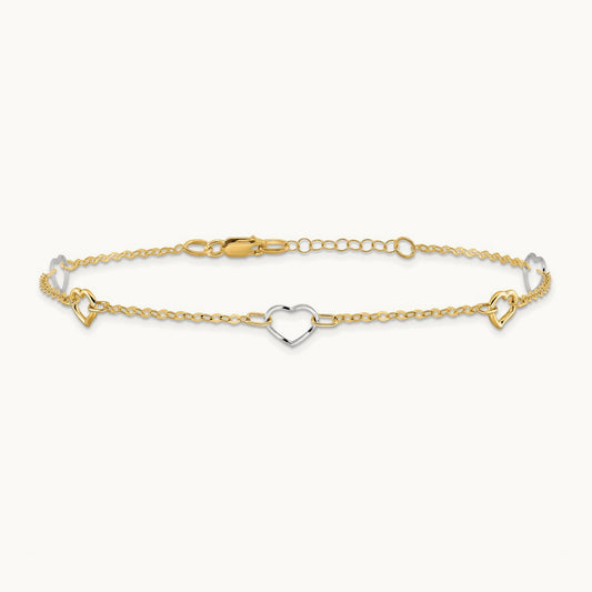 Polished Heart 9in Plus 1in ext Anklet, 14K Two-tone