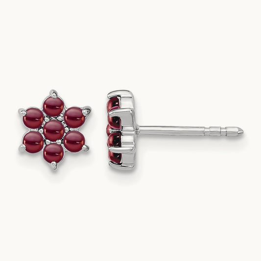 Garnet Floral Post Earrings, 14K White Gold
