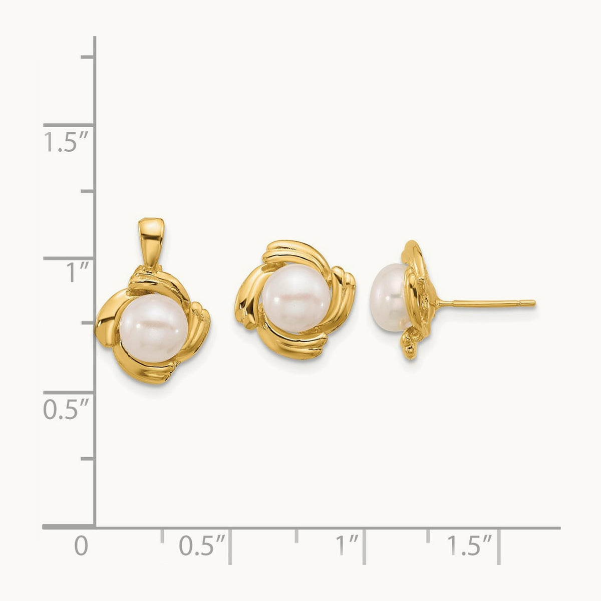 6- White Button FWC Pearl Earring and Pendant Set, 7mm, 14K