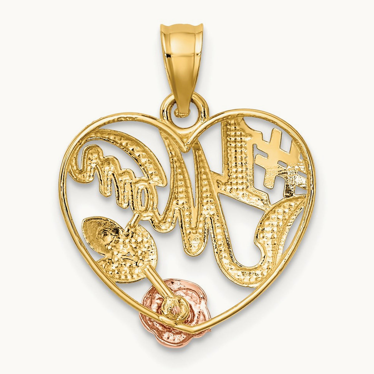 w/White Rhodium #1 MOM Heart Charm, 14K Yellow with Rose Gold