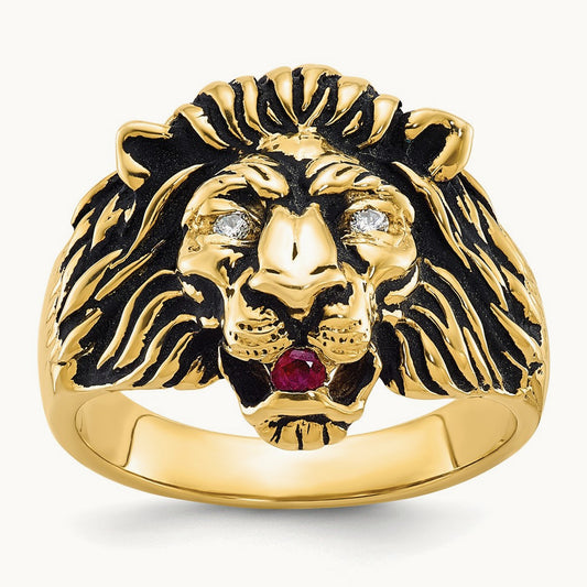 IBGoodman Men's Diamond and Ruby Antiqued Lion Complete Ring, 14K