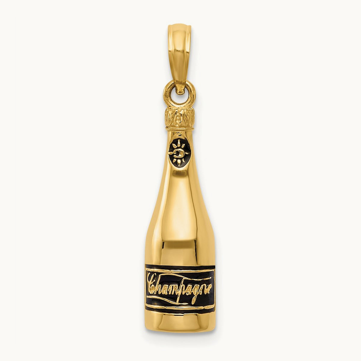 Polished 3-D Enameled Champagne Bottle Pendant, 14K