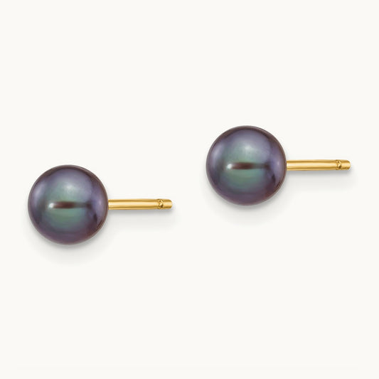 5- Black Round Freshwater Cultured Pearl Stud Post Earrings, 6mm, 14K