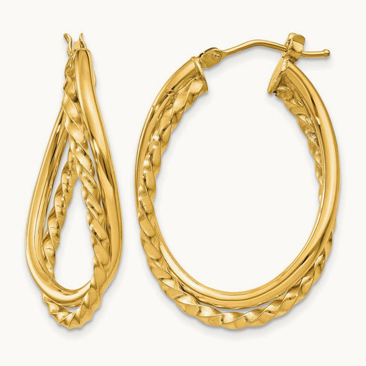 Textured and Polished Twist Oval Hoop Earrings — 14K Yellow Gold
