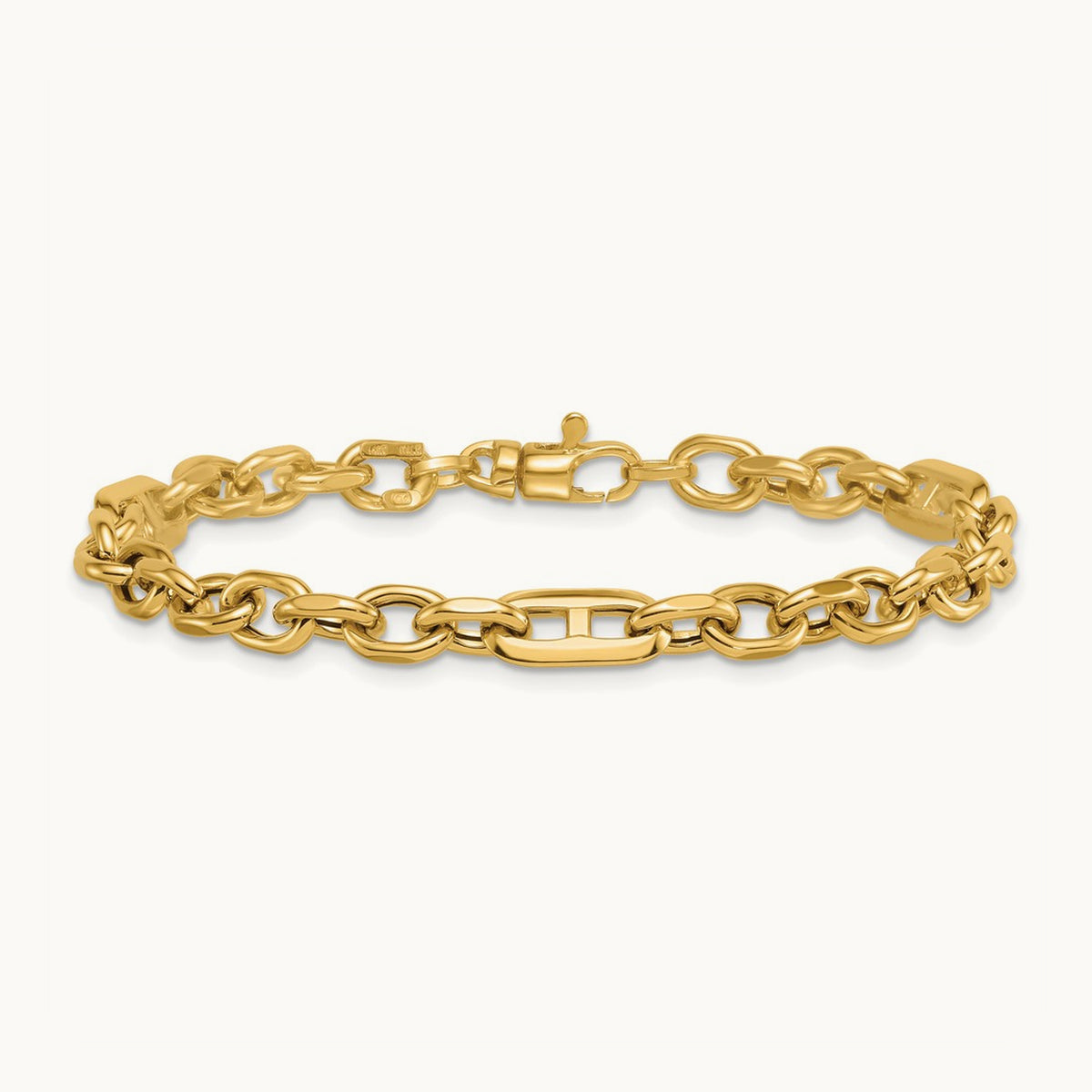 Polished Oval and Anchor Link 7.5in Bracelet, 14K
