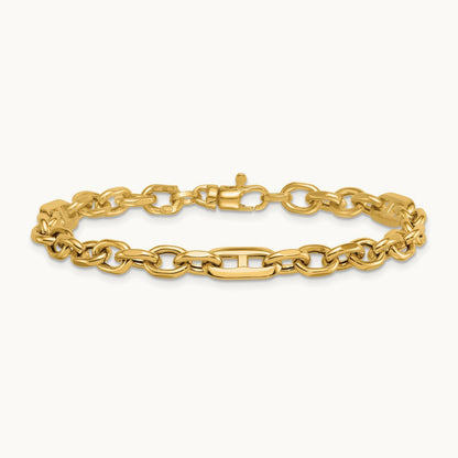 Polished Oval and Anchor Link 7.5in Bracelet, 14K