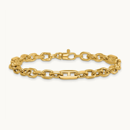 Polished Oval and Anchor Link 7.5in Bracelet, 14K