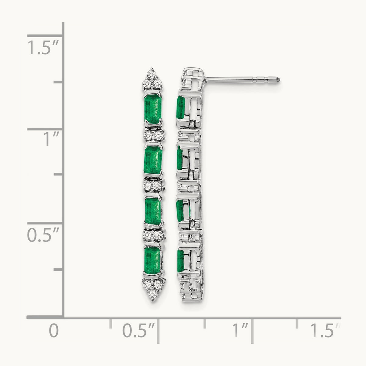 Emerald and Diamond 4-stone Dangle Earrings, 14K White Gold
