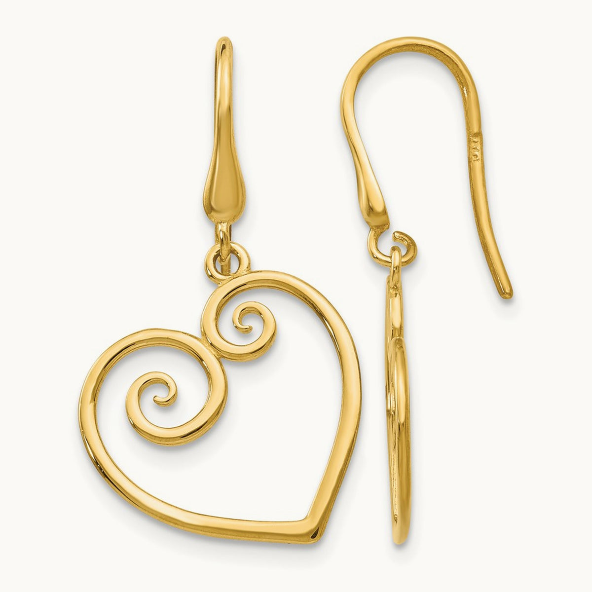 Heart Dangle Shepherd Hook Earrings, 14K Yellow Gold
