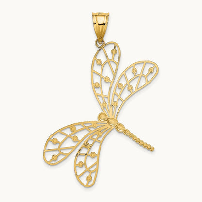 w/Rhodium Polished D/C Filigree Dragonfly Pendant, 14K