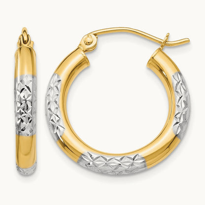 & Rhodium Diamond-cut 3x20mm Hoop Earrings, 14K