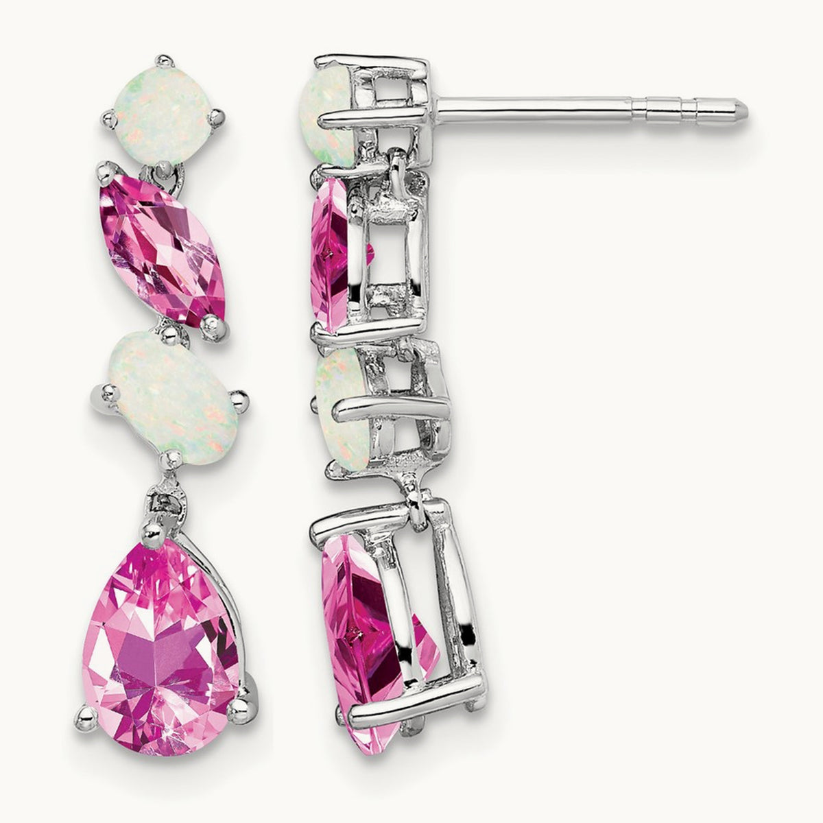Created Pink Sapphire and Opal Dangle Earrings, 14K White Gold