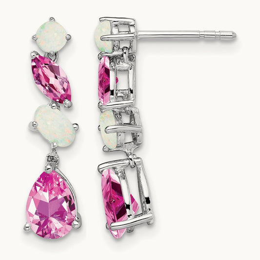 Created Pink Sapphire and Opal Dangle Earrings, 14K White Gold
