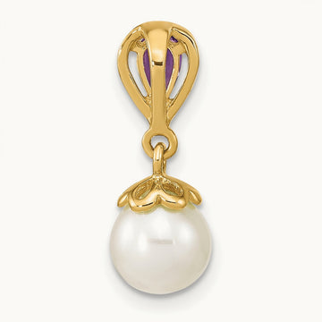 w/ Amethyst & Freshwater Cultured Pearl Polished Chain Slide, 14K Gold