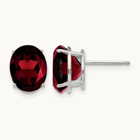 Garnet Oval Stud Earrings, 14K White Gold