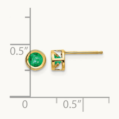 Bezel May/Emerald Post Earrings — 14K Yellow Gold