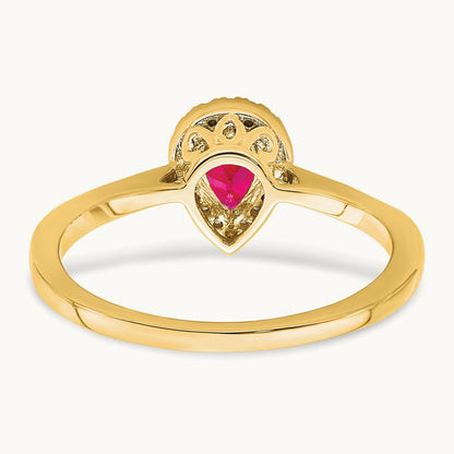 Pear Ruby and Diamond Halo Ring, 14K