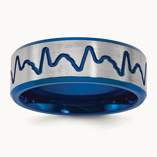 Brushed Blue IP-plated Heartbeat Band, 8mm, Titanium