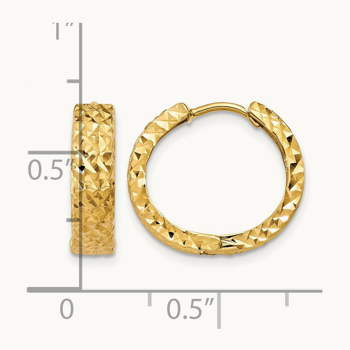 Diamond-cut Hinged Hoop Earrings — 14K Yellow Gold, 14mm