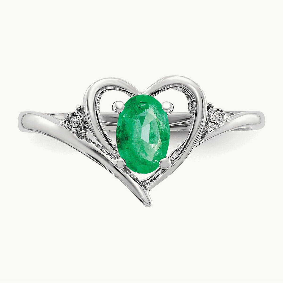 Emerald and Diamond Heart Ring — 14K White Gold, 7