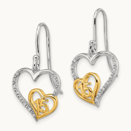 Polished Diamond Quinceanera Heart Dangle Earrings, 14K Two-tone