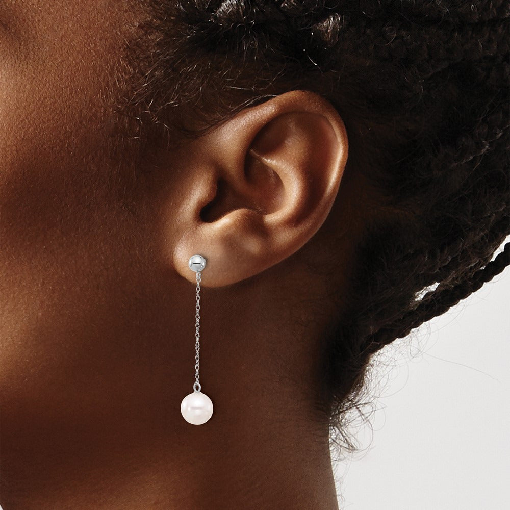 Round Freshwater Cultured Pearl Post Dangle Earrings — 14K White Gold